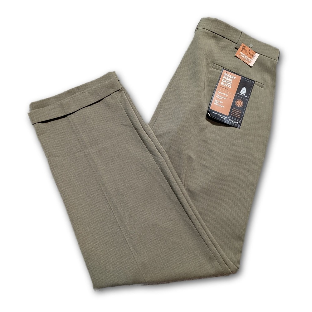 Haggar Smart Fiber Mens Pants Dress Tan 36x32 Relaxed Fit Woven Striped Pleated